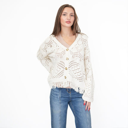 M&S Knitted V-Neck Fringe Cropped Cardigan Boho-Chic Natural Ivory-Quality Brands Outlet-