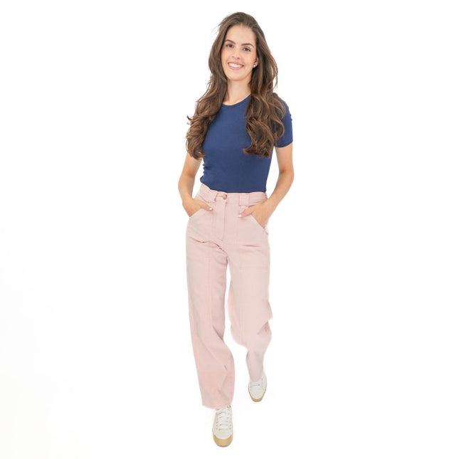M&S Pink Straight Leg Trousers Stretch Cotton Rich Relaxed Utility - Quality Brands Outlet