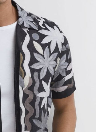 Mens Black Delphi Linen Floral Cuban Collar Shirt - Quality Brands Outlet