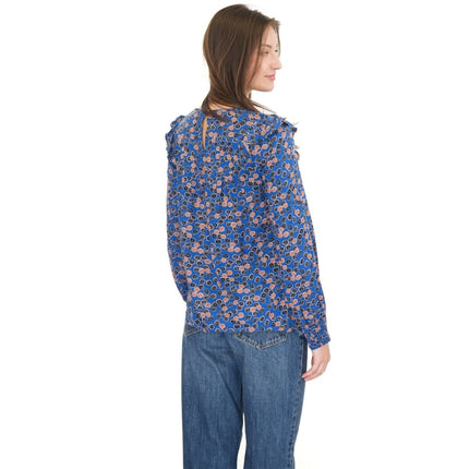 White Stuff Sylvie Top Blue Floral Print Elasticated Crew Neck Long Sleeve - Quality Brands Outlet