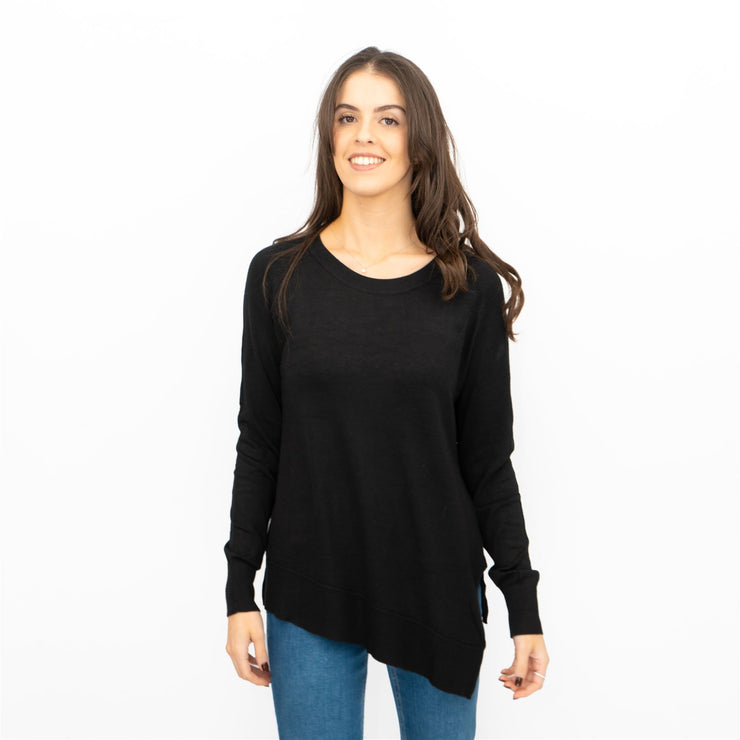 Evans Womens Asymmetric Top Black Longline Crew Neck Long Sleeve Relaxed Fit - Quality Brands Outlet