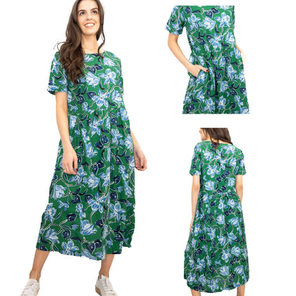Seasalt Green Brouse Organic Floral Short Sleeve Midi Dress-Quality Brands Outlet-