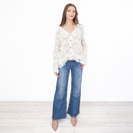 M&S Knitted V-Neck Fringe Cropped Cardigan Boho-Chic Natural Ivory-Quality Brands Outlet-