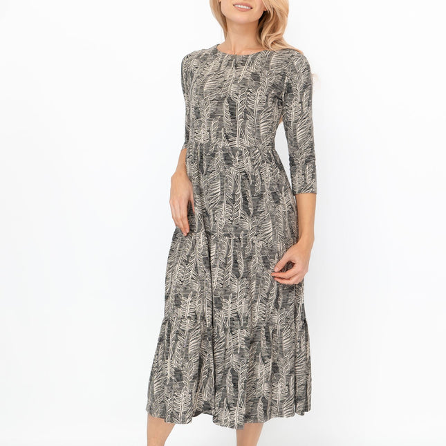 Seasalt Beige & Black Leaves Cotton Line Strokes Midi Dress-Quality Brands Outlet-