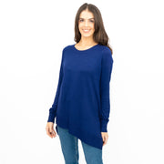 Evans Womens Asymmetric Top Blue Longline Crew Neck Long Sleeve Relaxed Fit - Quality Brands Outlet