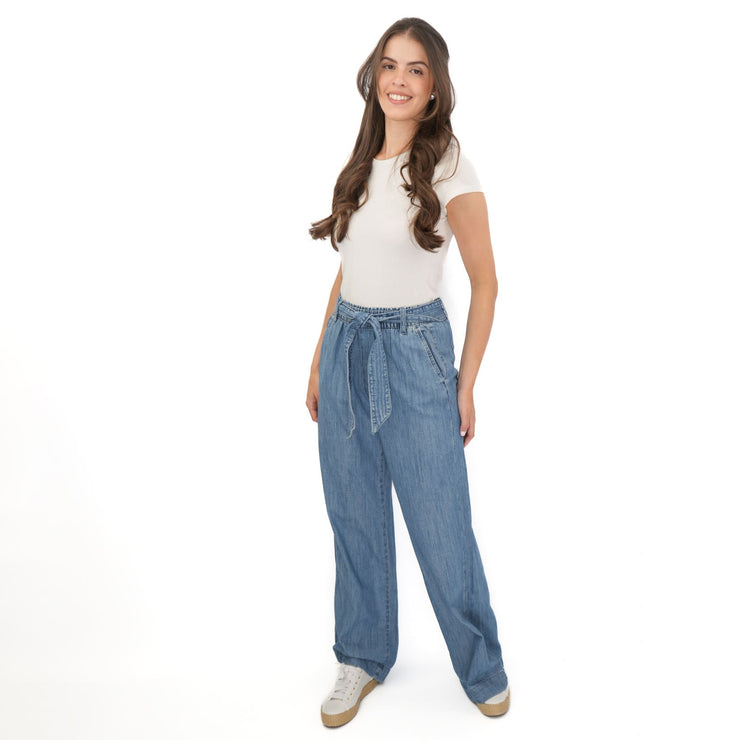 M&S Per Una Blue Wide Leg Soft Jeans Elastic Waist