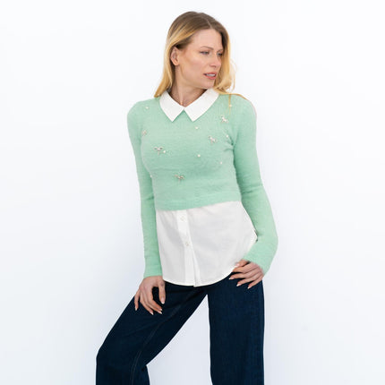 River Island Embellished Fluffy Hybrid Jumper Green Mock Shirt - Quality Brands Outlet