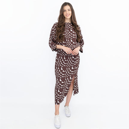 Jasper Conran Beau 3/4 Sleeve Brown Print Boat Neck Relaxed Fit Midi Dresses with Split and Pockets