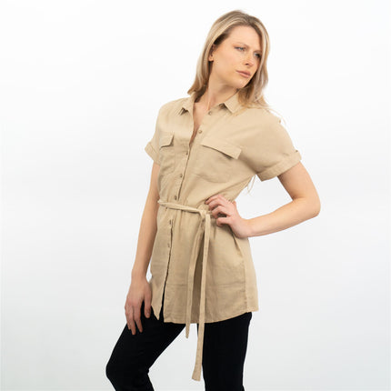 Beige Short Sleeve Longline Shirts Women's Utility Style Tops-Quality Brands Outlet-