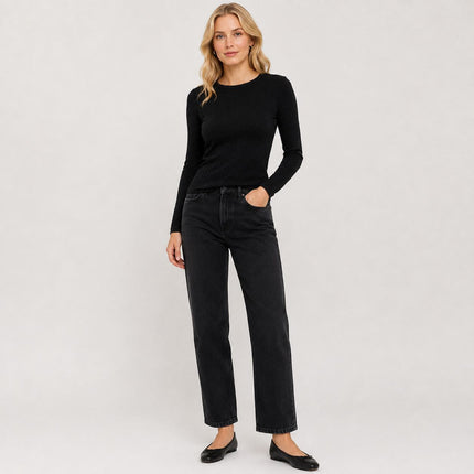 Womens Tops Cotton Rich Long Sleeve Ribbed – Black