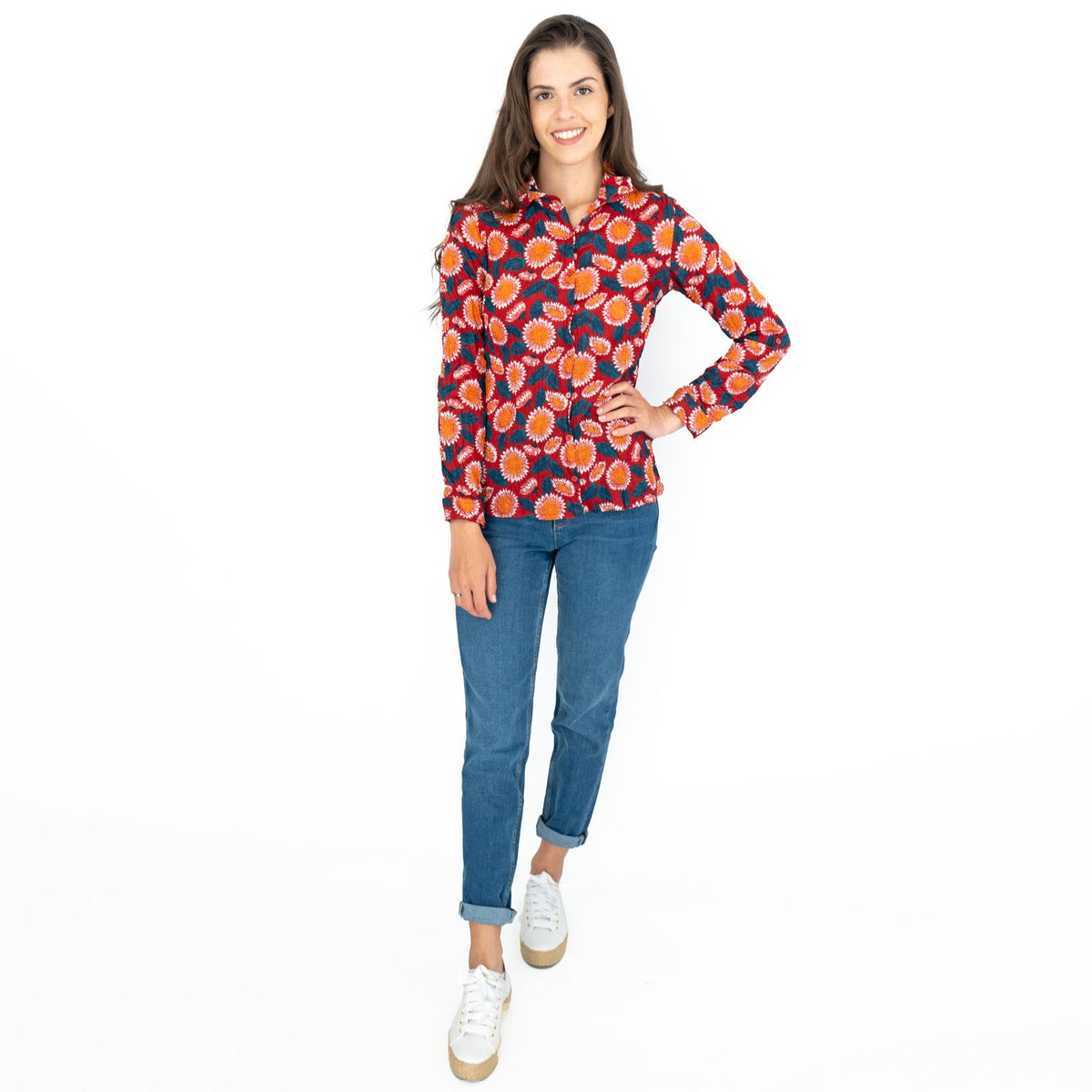 Seasalt Larissa Red Daisies Shirt Long Sleeve Cotton Button-Up Tops ...