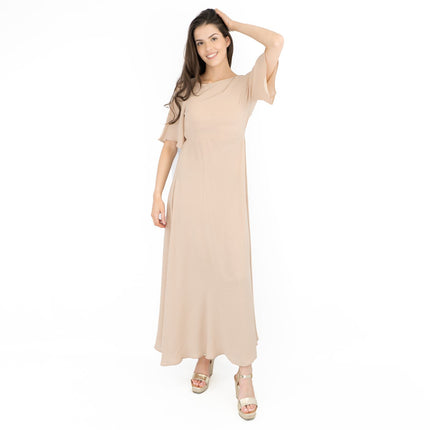 Boohoo Beige Cap Short Sleeve A-line Flare Maxi Dress-Quality Brands Outlet-