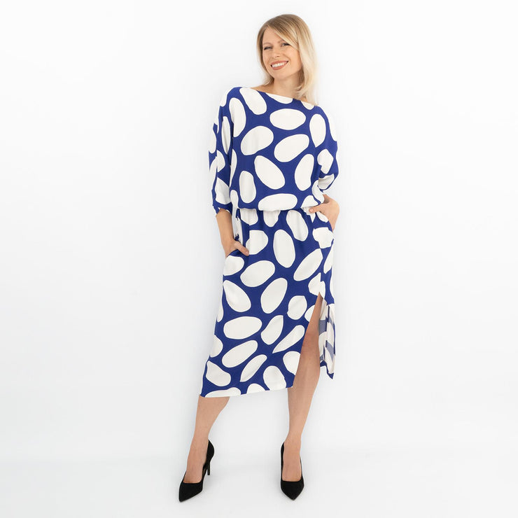 Jasper Conran Beau 3/4 Sleeve Blue Print Boat Neck Relaxed Fit Midi Dresses with Split and Pockets - Quality Brands Outlet