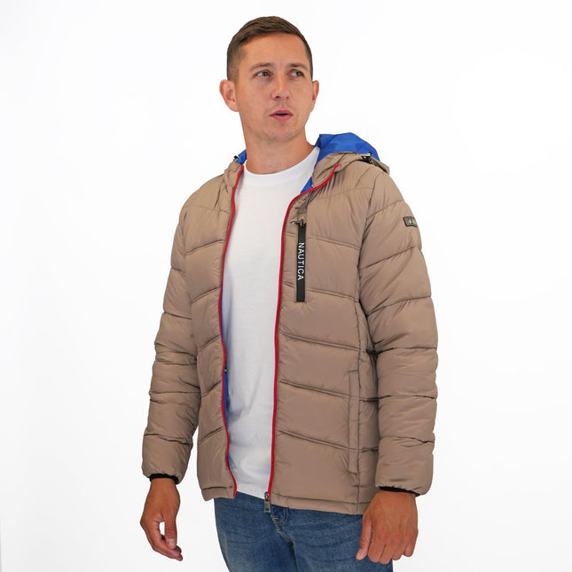 Nautica Mens Performance N83 Hooded Puffer Jacket Tan