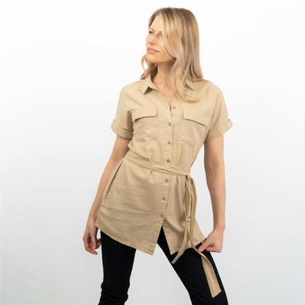 Beige Short Sleeve Longline Shirts Women's Utility Style Tops-Quality Brands Outlet-