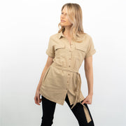 Beige Short Sleeve Longline Shirts Women's Utility Style Tops
