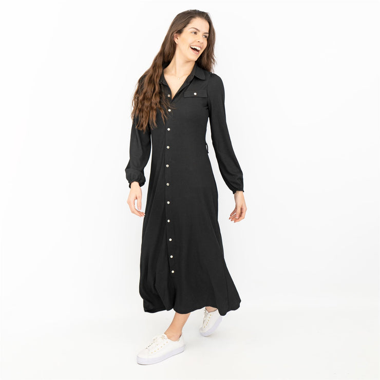 Oasis Ribbed Lightweight Long Sleeve Black Midi Shirt Dress - No Belt