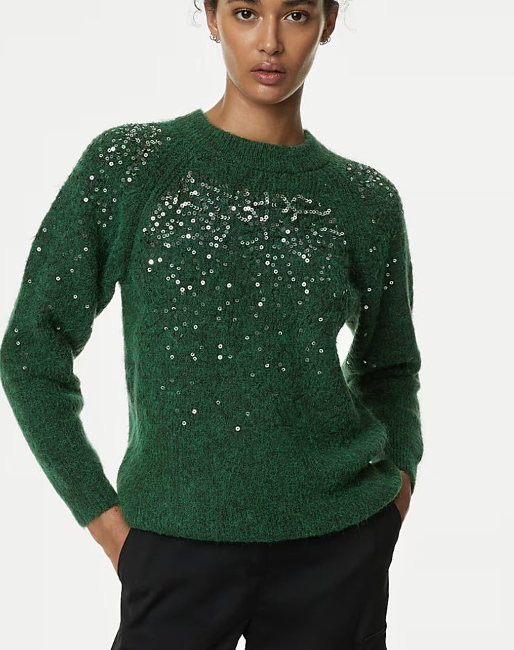 M&S Womens Green Sequin Crew Neck Jumper - Quality Brands Outlet