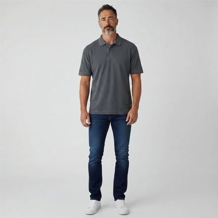 M&S Dark Pewter Grey Pure Cotton Garment Dyed Polo Shirt Relaxed Fit-Quality Brands Outlet-