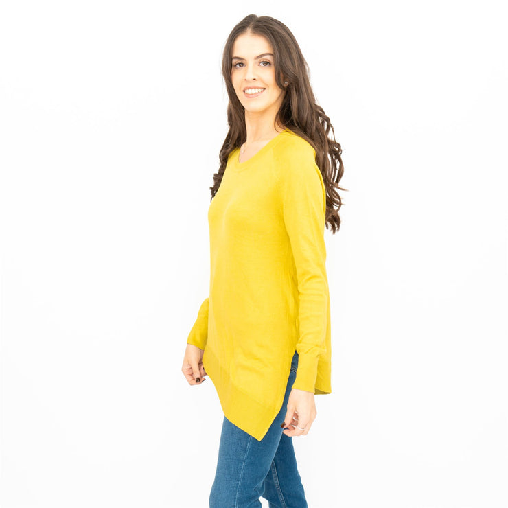 Evans Womens Asymmetric Top Mustard Longline Crew Neck Long Sleeve Relaxed Fit - Quality Brands Outlet