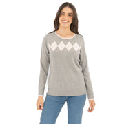 Lucy Argyle Jumper Grey Diamond Intarsia Long Sleeve Tops - Quality Brands Outlet