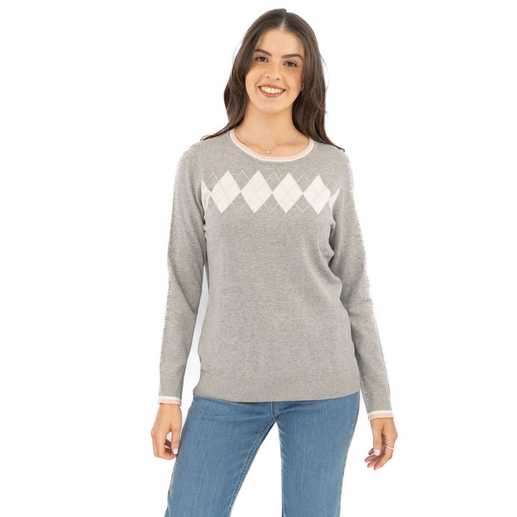 Lucy Argyle Jumper Grey Diamond Intarsia Long Sleeve Tops - Quality Brands Outlet