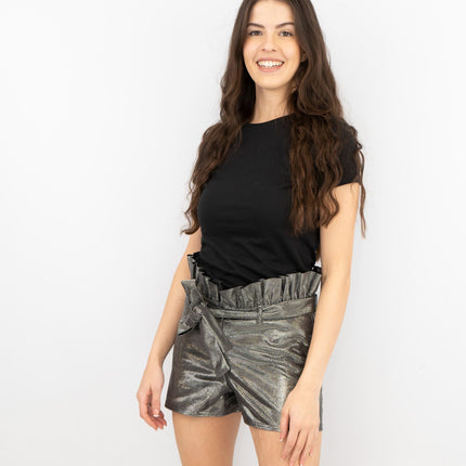 I Saw It First Silver Grey Sparkle Paperbag Style Shorts-Quality Brands Outlet-