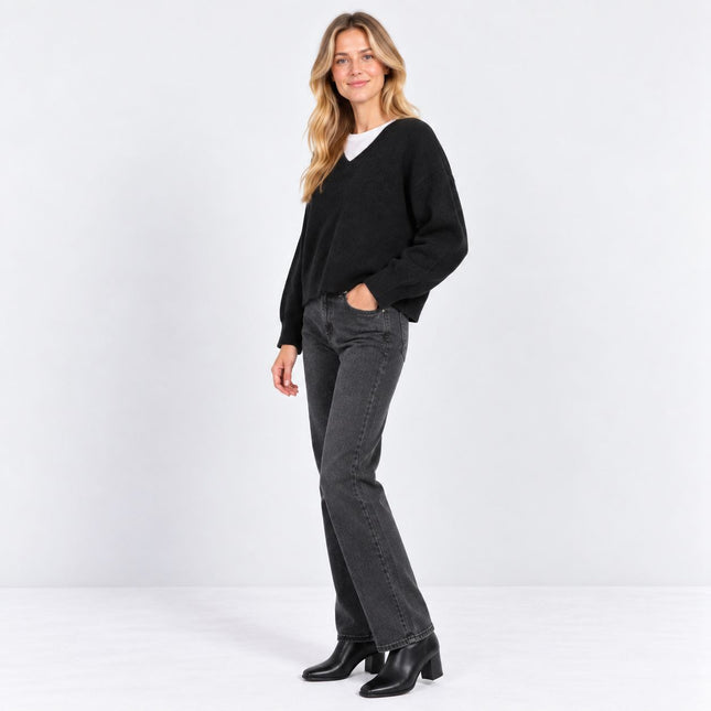 Womens Jumper Raglan Long Sleeve V-Neck Knit Tops - Black-Quality Brands Outlet-