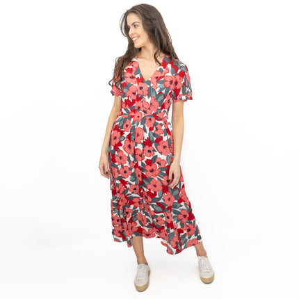 Seasalt Pink Birch Leaf Floral Short Sleeve Midi Dress-Quality Brands Outlet-