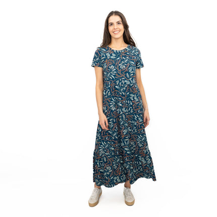Seasalt Teal Green Line Strokes Floral Short Sleeve Midi Dress-Quality Brands Outlet-