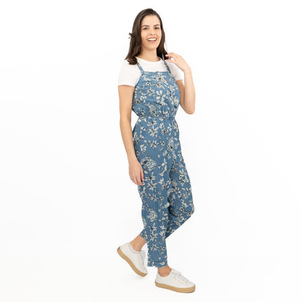 Summer Jumpsuits Blue Floral Print Sleeveless Strappy Crop Leg Elasticated Waist Playsuit