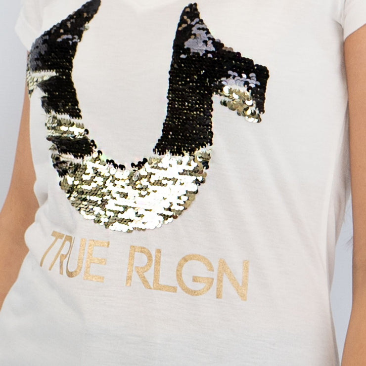 True Religion White Sequin Logo T-Shirts Short Sleeve Tops