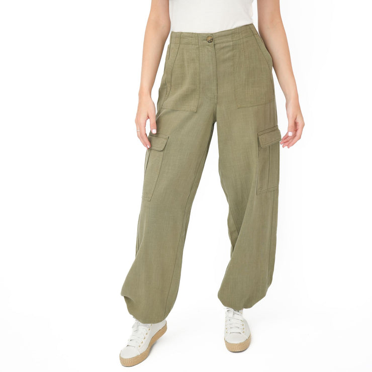 M&S Per Una Cargo Trousers Linen Lyocell Blend Khaki Green Wide Leg with Drawstring - Quality Brands Outlet