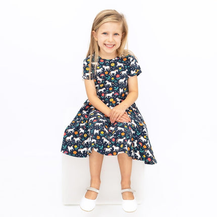 Frugi Baby Girls Dress Skater Indigo Navy Wild Horses Pretty Cotton Short Sleeve - Quality Brands Outlet