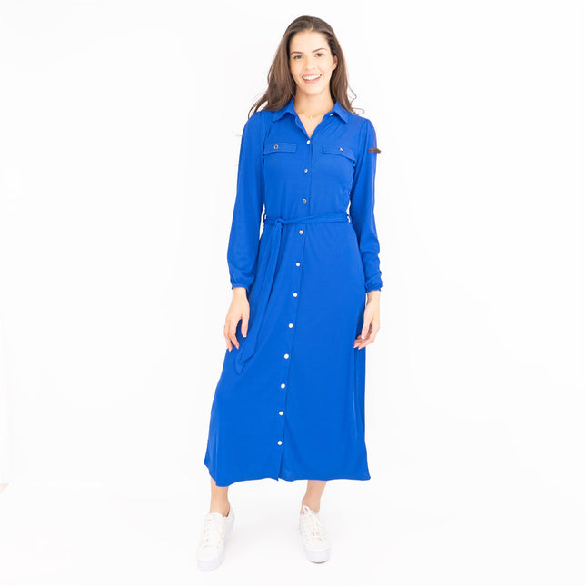 Oasis Ribbed Lightweight Long Sleeve Blue Midi Shirt Dress - No Belt