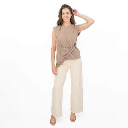 Tilly Drape Cotton Tops Taupe Sleeveless-Quality Brands Outlet-