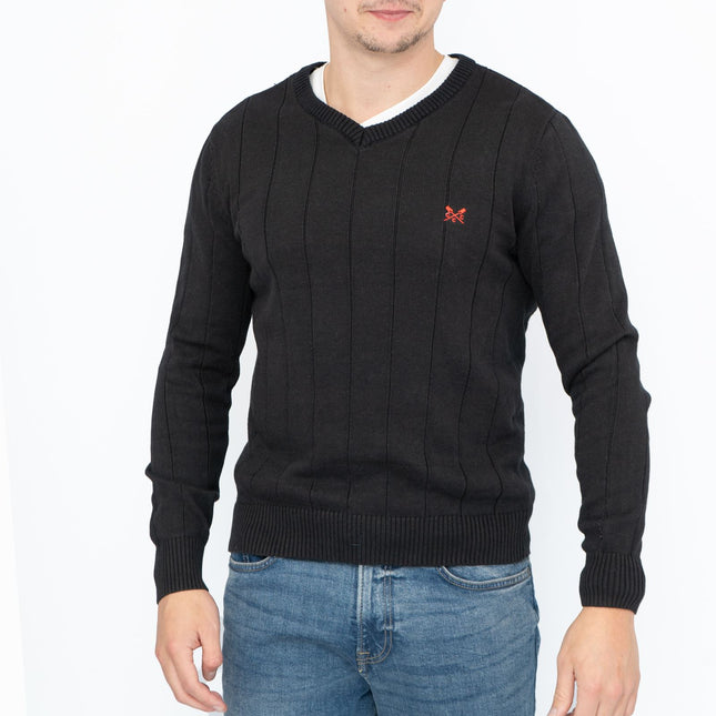 Crew Clothing Mens Jumper Black V-Neck Ribbed Long Sleeve Organic Cotton