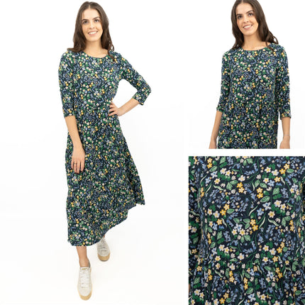 Seasalt Navy Floral Dress Tiered Line Strokes Midi Short Sleeve - Quality Brands Outlet