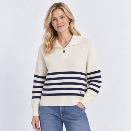 Womens Jumpers Collar Detail Stripe Knit Tops – Navy-Quality Brands Outlet-