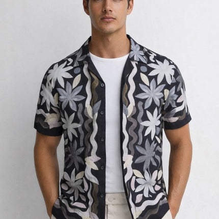 Mens Black Delphi Linen Floral Cuban Collar Shirt - Quality Brands Outlet