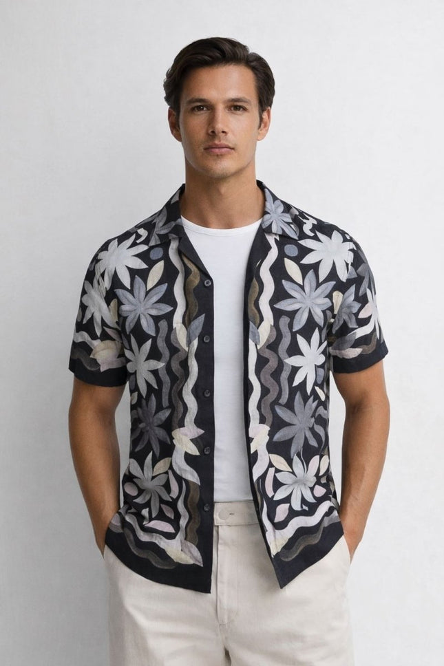 Mens Black Delphi Linen Floral Cuban Collar Shirt - Quality Brands Outlet