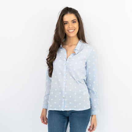 White Stuff Long Sleeve Relaxed Fit Button-Up Lightweight Cotton Blue Embroidered Shirts