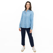 M&S Womens Oversized Mid Blue Pure Linen Collared Blouse