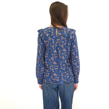 White Stuff Sylvie Top Blue Floral Print Elasticated Crew Neck Long Sleeve - Quality Brands Outlet