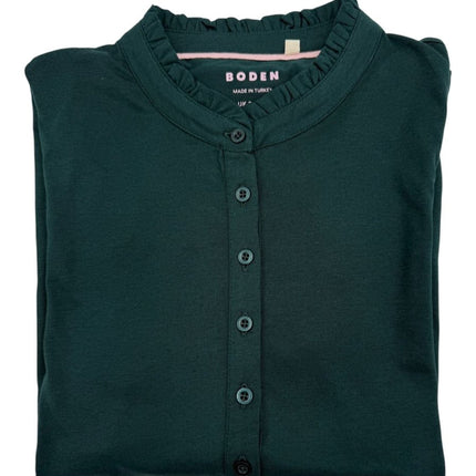 Boden Dark Green Supersoft Frill Henley Top Cotton Modal Slim Fit-Quality Brands Outlet-