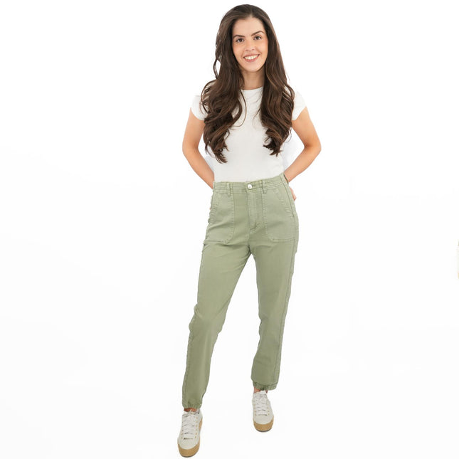 M&S Cotton Blend Slim Fit Trousers Stretch Elasticated Cuff Green-Quality Brands Outlet-