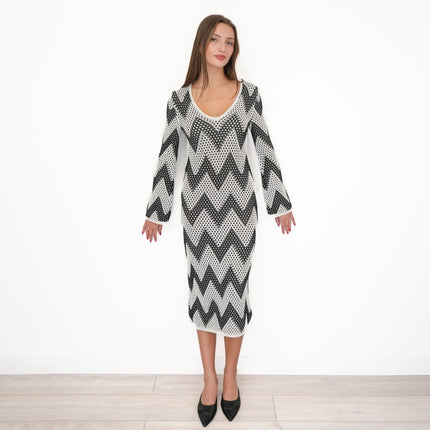 M&S Black White Crochet Chevron Midi Dress-Quality Brands Outlet-
