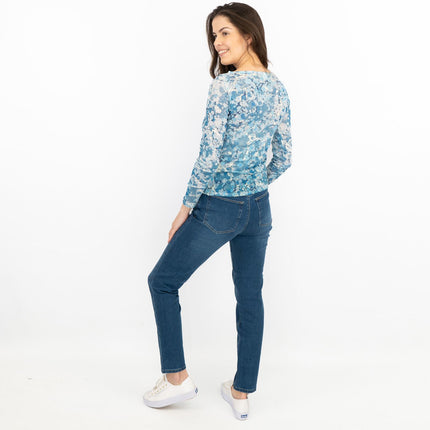 Karen Millen Long Sleeve Boat Neck Blue Abstract Tops-Quality Brands Outlet-