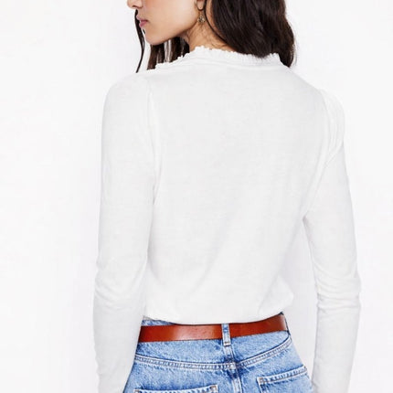 Boden White Supersoft Frill Henley Top Cotton Modal Slim Fit - Quality Brands Outlet