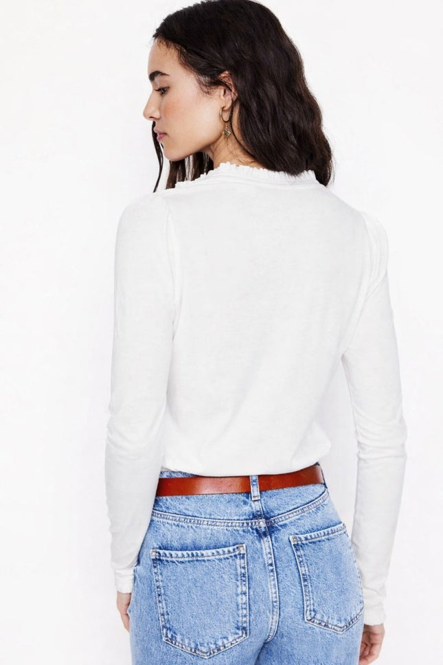 Boden White Supersoft Frill Henley Top Cotton Modal Slim Fit - Quality Brands Outlet